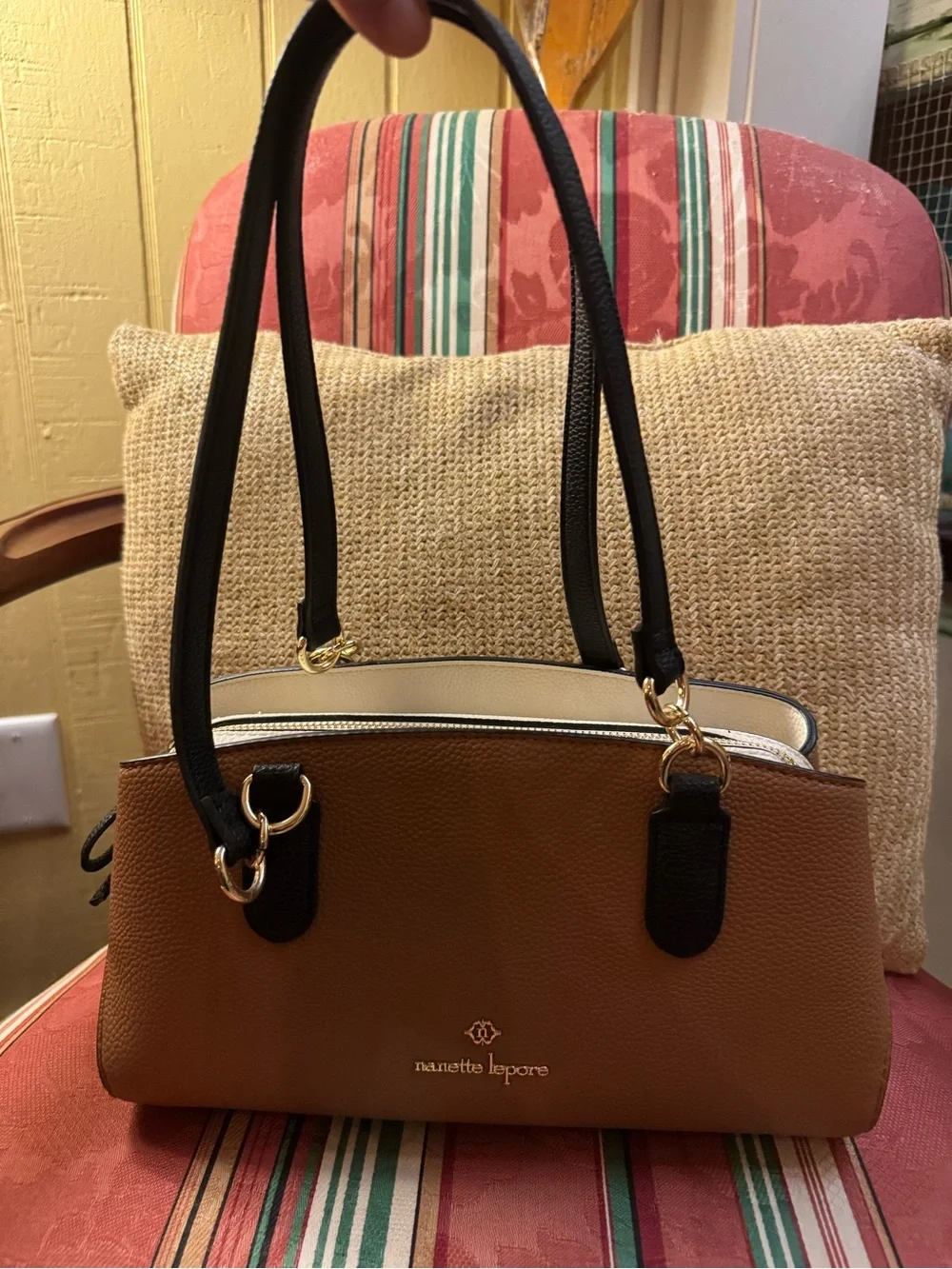 Nanette Lepore Brown, Black and Cream Pebbled Leather Satchel